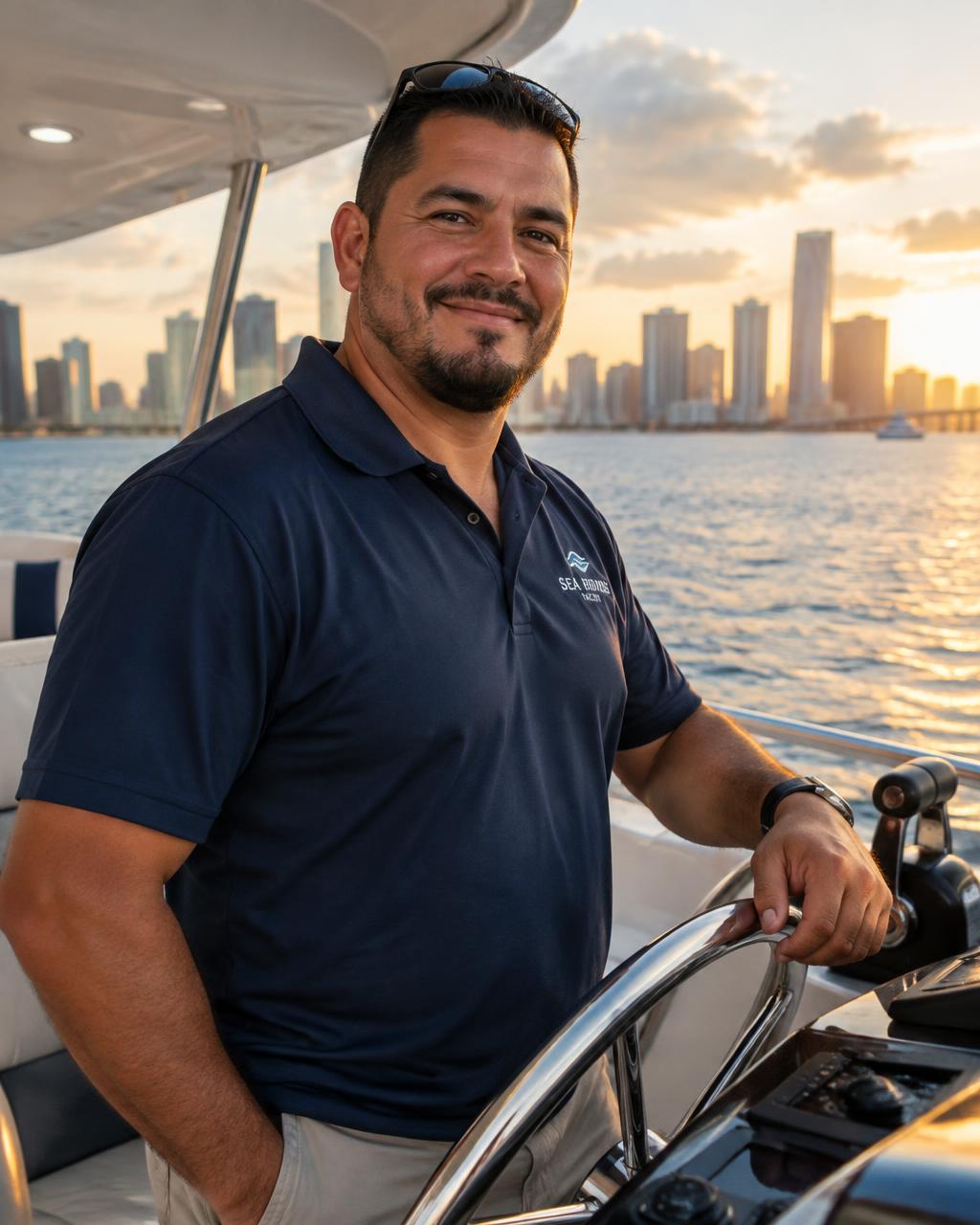 Captain Mauricio at the helm with the Miami skyline behind