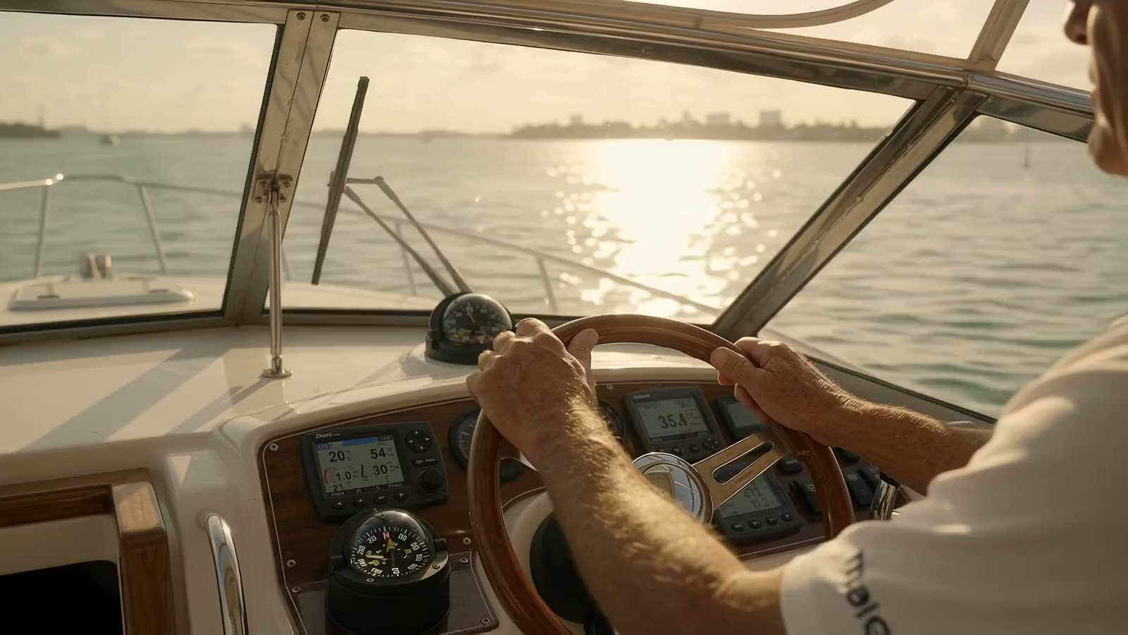 Captain at the helm on Biscayne Bay